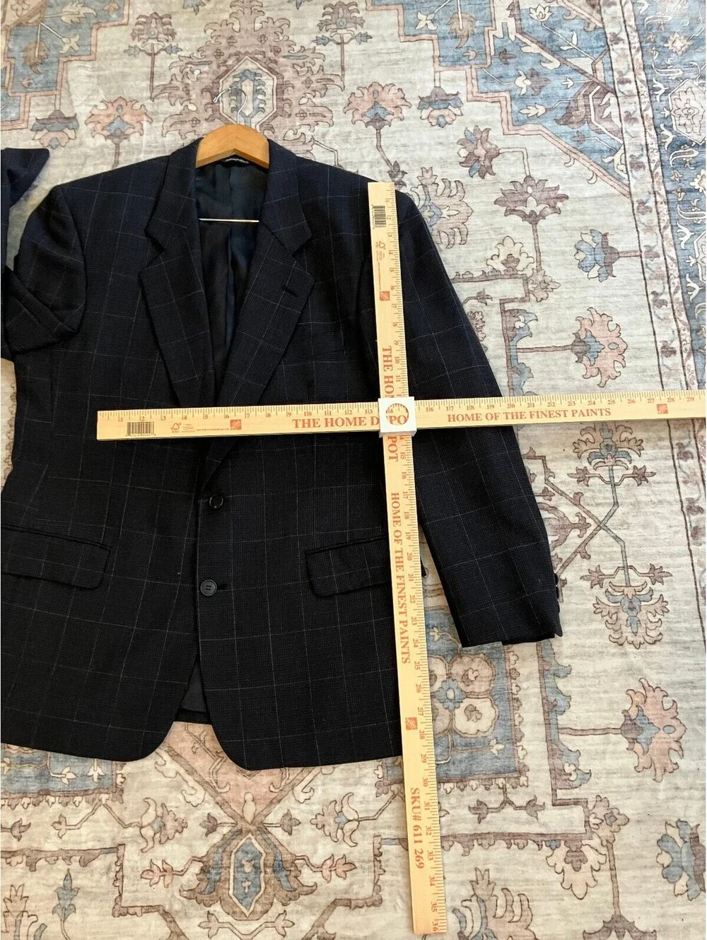Geoffrey Beene Signature Mens 42R Navy Windowpane Blazer Wool Sport Coat Plaid